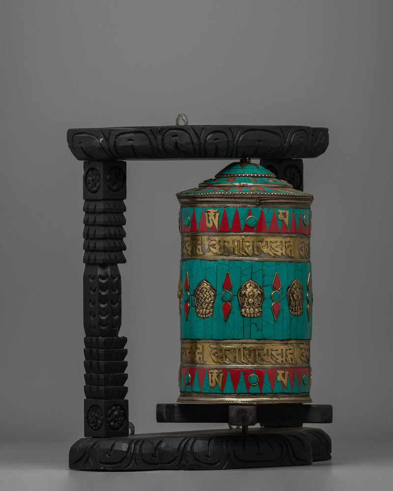 Tibetan Prayer Wheel Intricated with Eight Auspicious Symbols | Meditation Decor