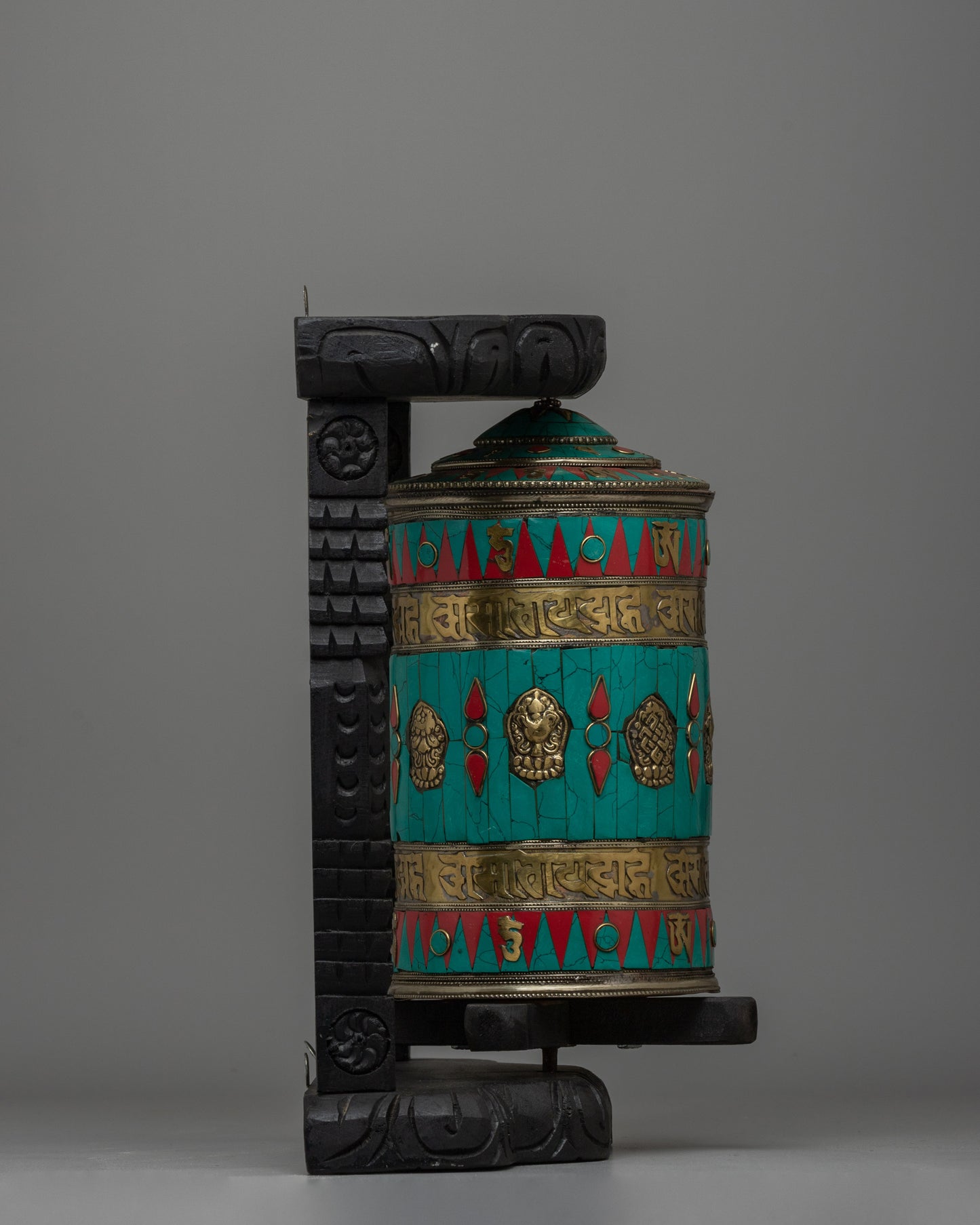 Tibetan Prayer Wheel Intricated with Eight Auspicious Symbols | Meditation Decor