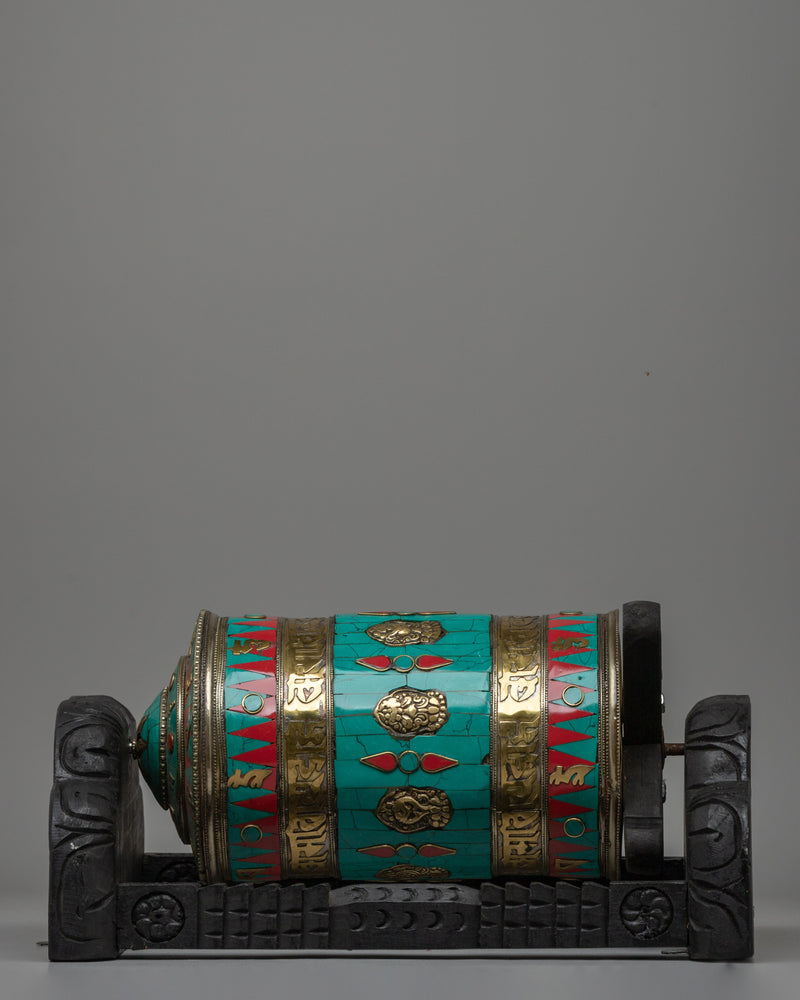 Tibetan Prayer Wheel Intricated with Eight Auspicious Symbols | Meditation Decor