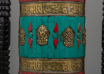 Tibetan Prayer Wheel Intricated with Eight Auspicious Symbols | Meditation Decor