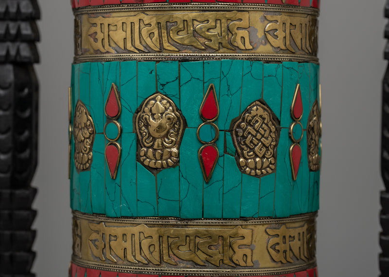 Tibetan Prayer Wheel Intricated with Eight Auspicious Symbols | Meditation Decor