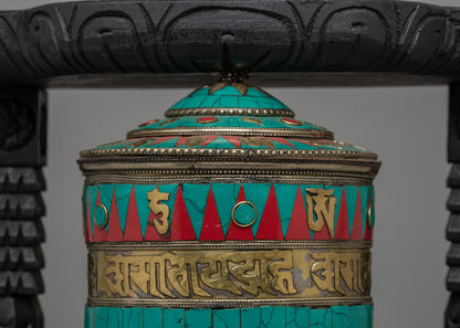 Tibetan Prayer Wheel Intricated with Eight Auspicious Symbols | Meditation Decor