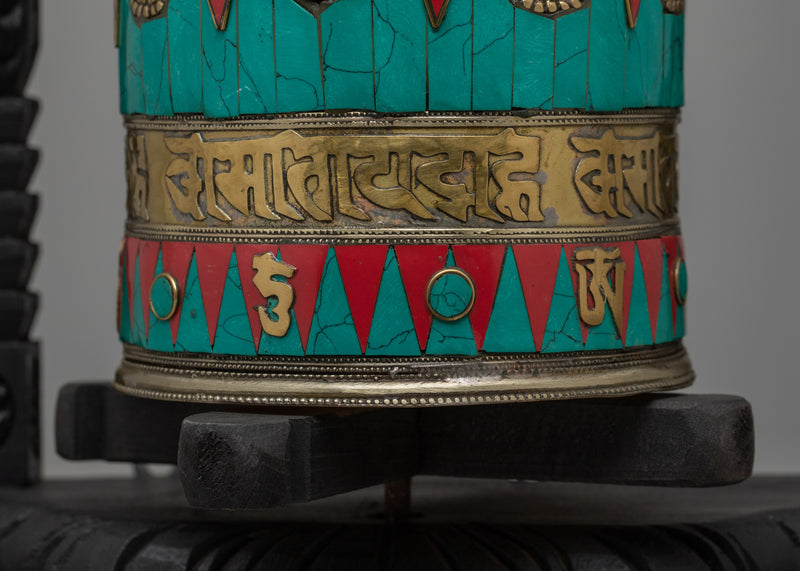 Tibetan Prayer Wheel Intricated with Eight Auspicious Symbols | Meditation Decor