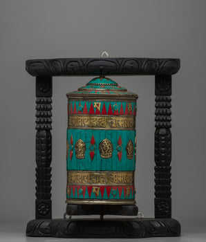 Tibetan Prayer Wheel Intricated with Eight Auspicious Symbols 