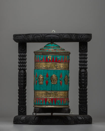 Tibetan Prayer Wheel Intricated with Eight Auspicious Symbols 