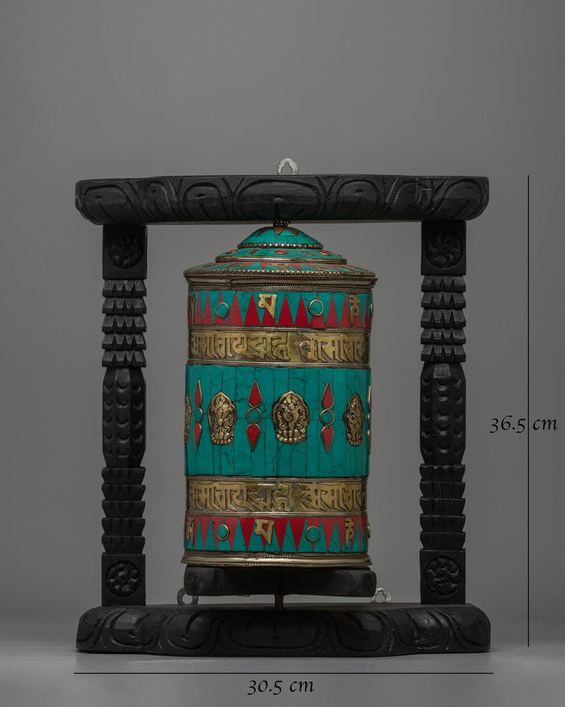 Tibetan Prayer Wheel Intricated with Eight Auspicious Symbols | Meditation Decor