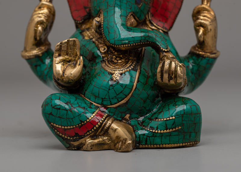 Handcrafted Brass Ganesha Statue with Turquoise & Coral Inlay | Spiritual Decor for Home or Meditation