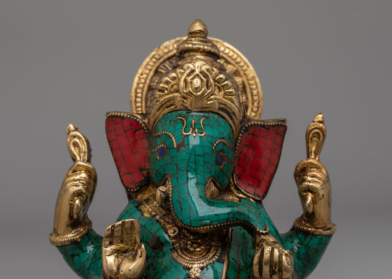 Handcrafted Brass Ganesha Statue with Turquoise & Coral Inlay | Spiritual Decor for Home or Meditation