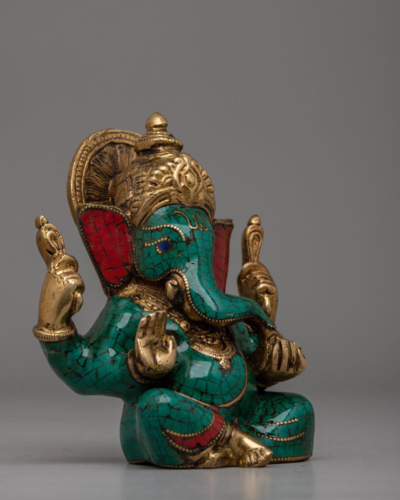 Handcrafted Brass Ganesha Statue with Turquoise & Coral Inlay | Spiritual Decor for Home or Meditation