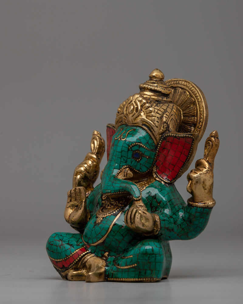 Handcrafted Brass Ganesha Statue with Turquoise & Coral Inlay | Spiritual Decor for Home or Meditation