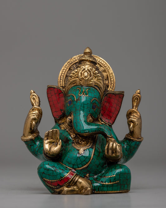 Brass Ganesha Statue with Turquoise & Coral Inlay