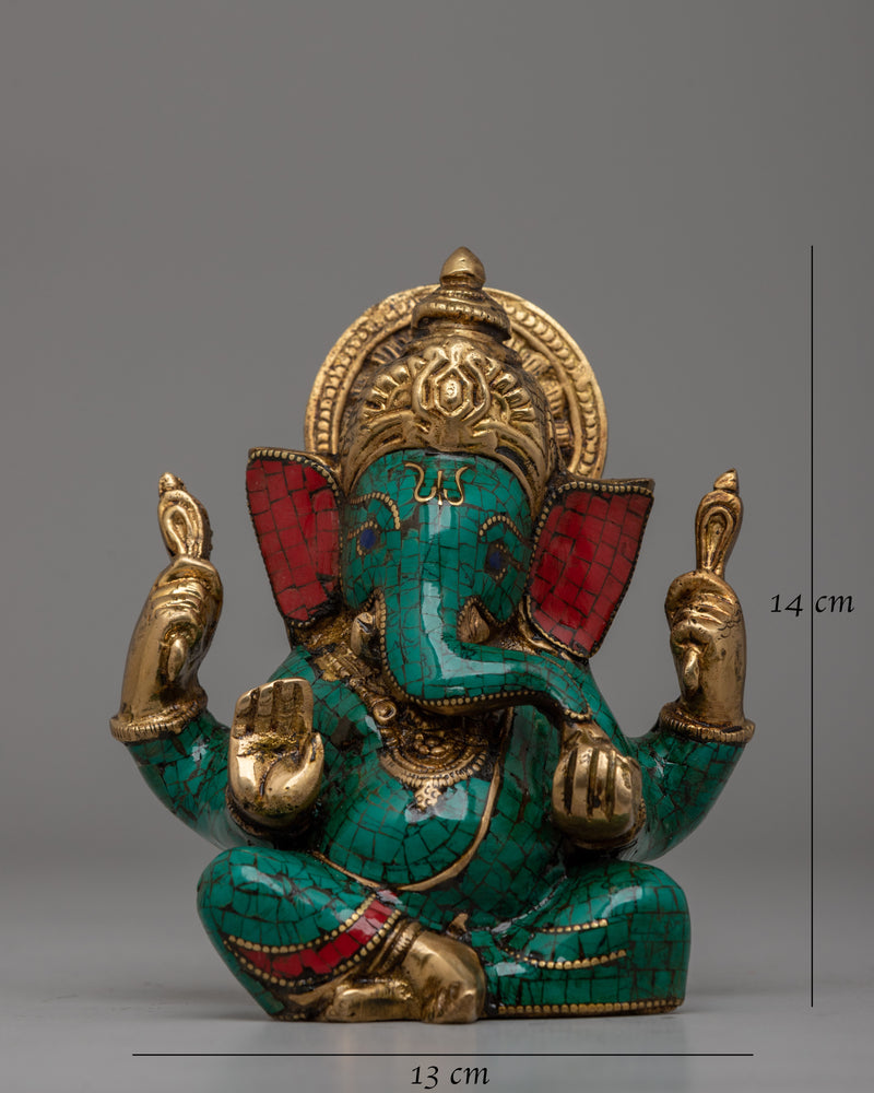 Handcrafted Brass Ganesha Statue with Turquoise & Coral Inlay | Spiritual Decor for Home or Meditation