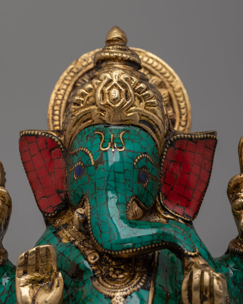 Handcrafted Brass Ganesha Statue with Turquoise & Coral Inlay | Spiritual Decor for Home or Meditation