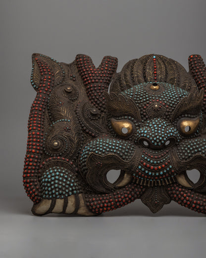 Handcrafted Copper Garuda Mask with Turquoise & Coral | Tibetan sacred wall art