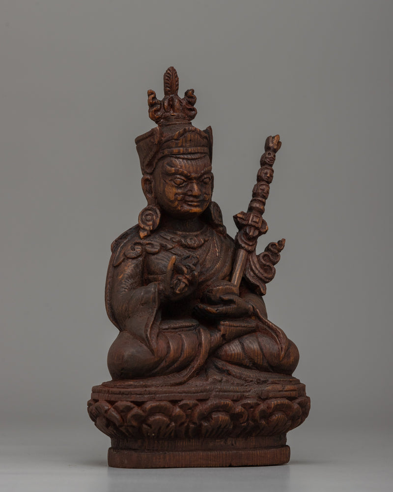 Tantric Master Guru Rinpoche Cedar Wood Statue | Sacred Buddhist Sculpture