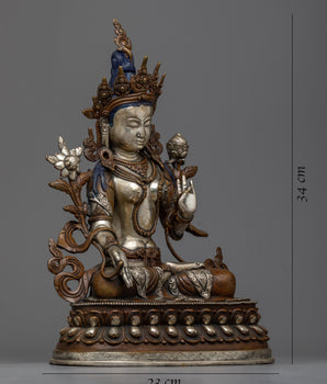 13.3" White Tara Statue | Silver Plated Figure Long Life Goddess