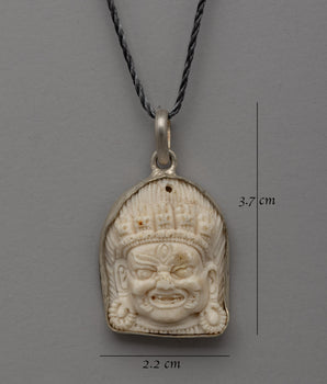 Hand-Carved Bhairav Locket with Five-Skull Crown | Buffalo Bone & White Metal