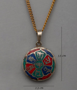 Handcrafted Round Pendant | Elegant White Metal Pendant with Coral, Turquoise, and Lapis Lazuli