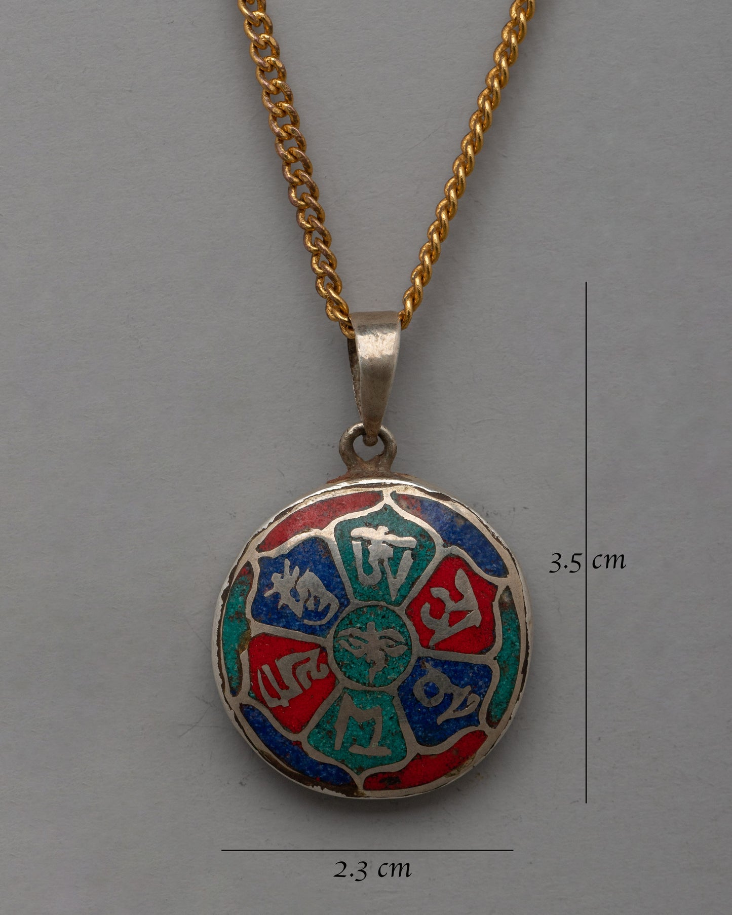 Handcrafted Round Pendant | Elegant White Metal Pendant with Coral, Turquoise, and Lapis Lazuli