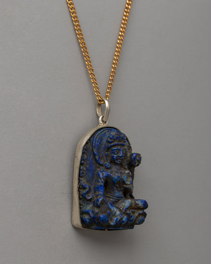 Lapis Lazuli Green Tara Pendant | Spiritual Necklace with Tibetan Buddhist Symbolism