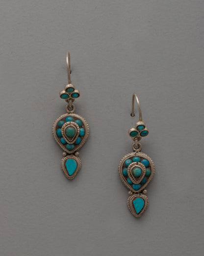 Dangle Turquoise Earrings | Exquisite Silver Earrings with Inlaid Turquoise Stones