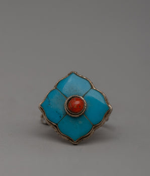 Turquoise & Coral Silver Ring