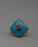 Turquoise & Coral Silver Ring