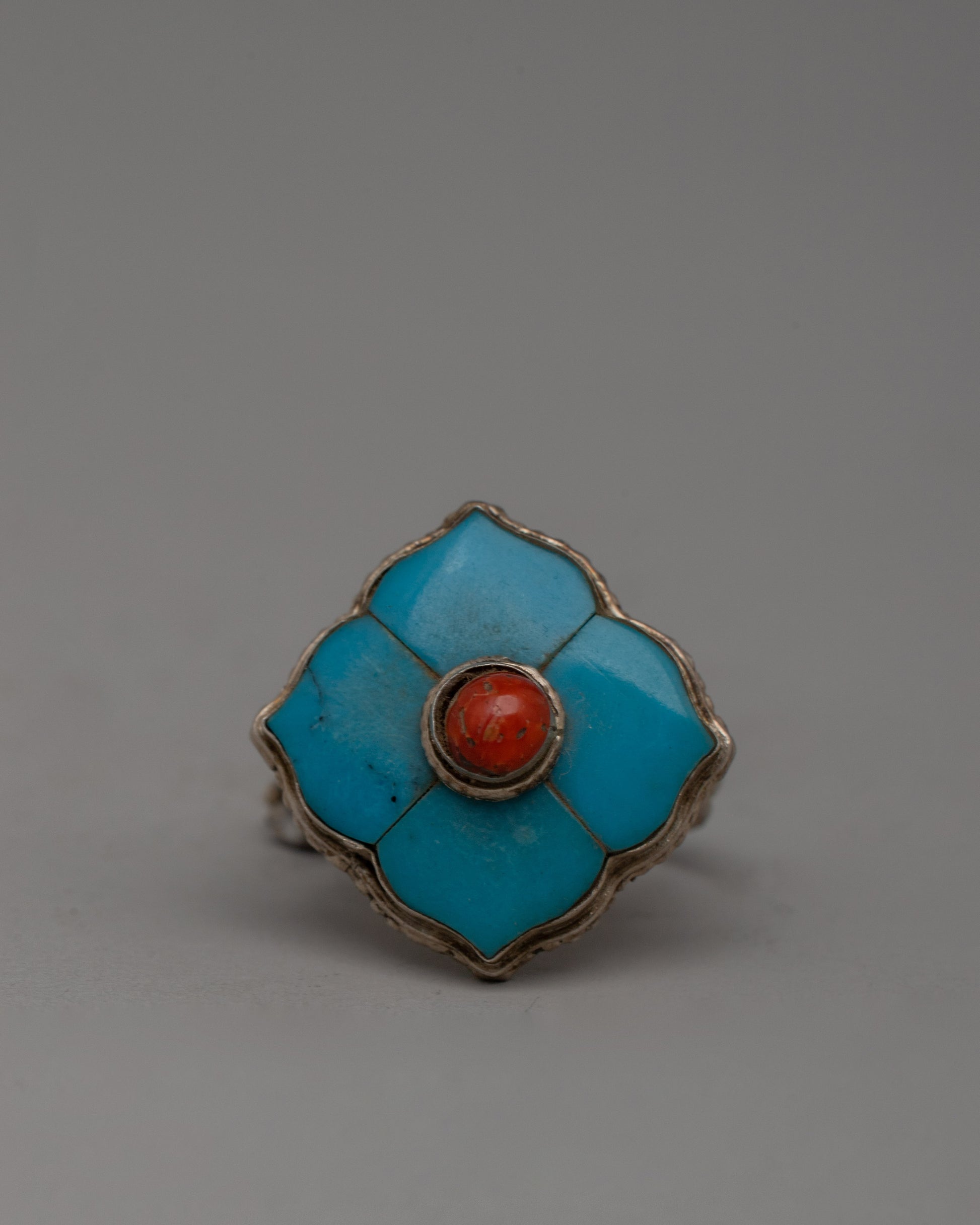 Turquoise & Coral Silver Ring