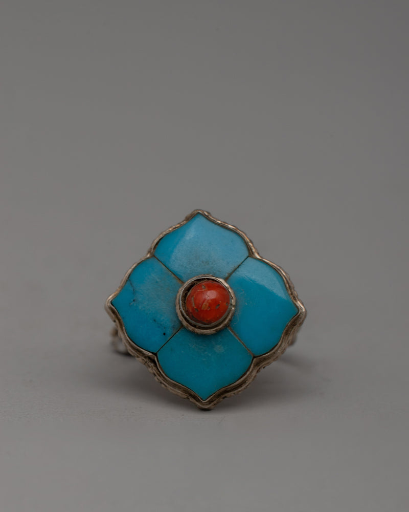 Turquoise & Coral Silver Ring