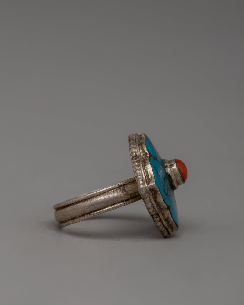 Stylish Silver Finger Ring with Turquoise and Coral Stones |  Handcrafted Artisan Jewelry