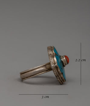 Stylish Silver Finger Ring with Turquoise and Coral Stones |  Handcrafted Artisan Jewelry