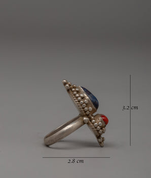 Silver Finger Ring with Copper Accents | Traditional Tibetan Sacred Jewelry