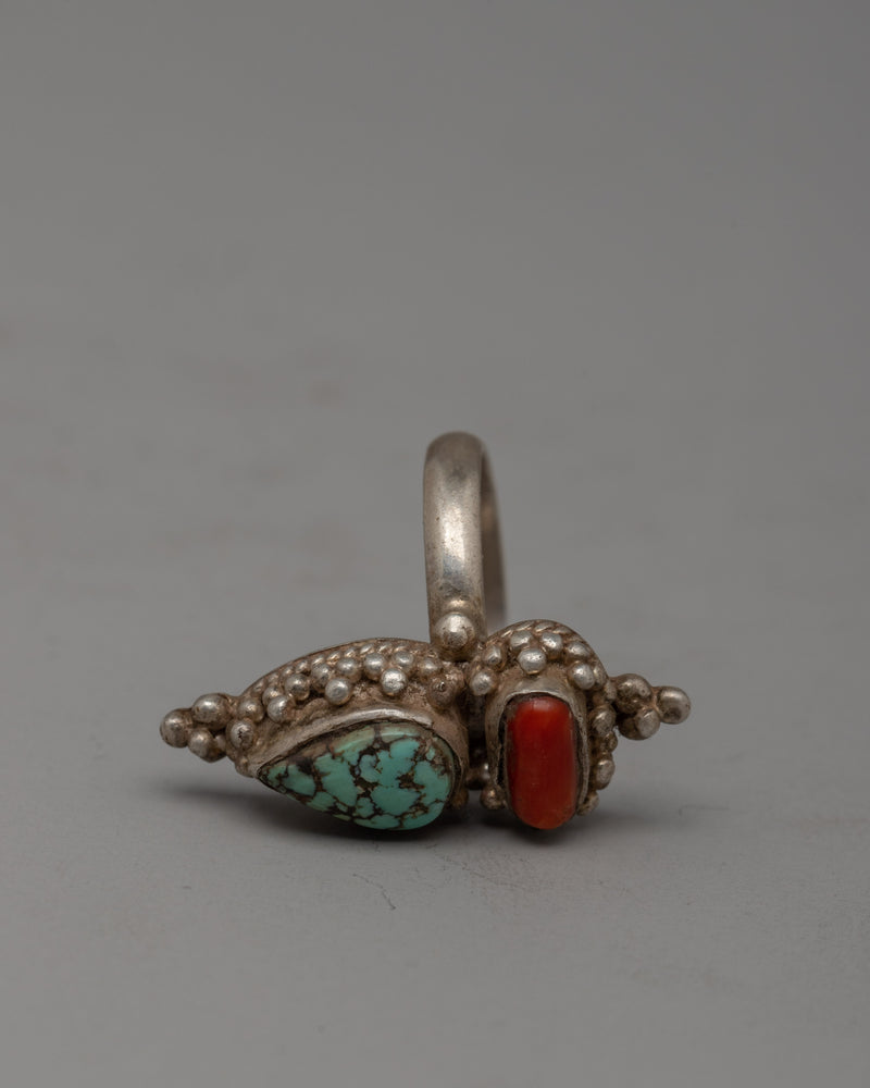 Turquoise Silver Ring | Tibetan Artisan Ring