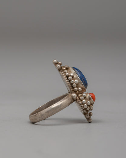 Handcrafted Silver Ring with Lapis Lazuli and Coral | Spiritual Jewelry with Iconic Symbolism