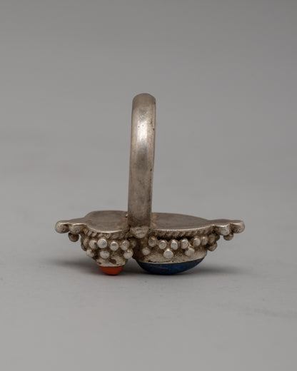 Handcrafted Silver Ring with Lapis Lazuli and Coral | Spiritual Jewelry with Iconic Symbolism