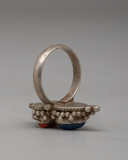 Handcrafted Silver Ring with Lapis Lazuli and Coral | Spiritual Jewelry with Iconic Symbolism