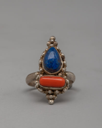 Silver Ring with Lapis Lazuli and Coral