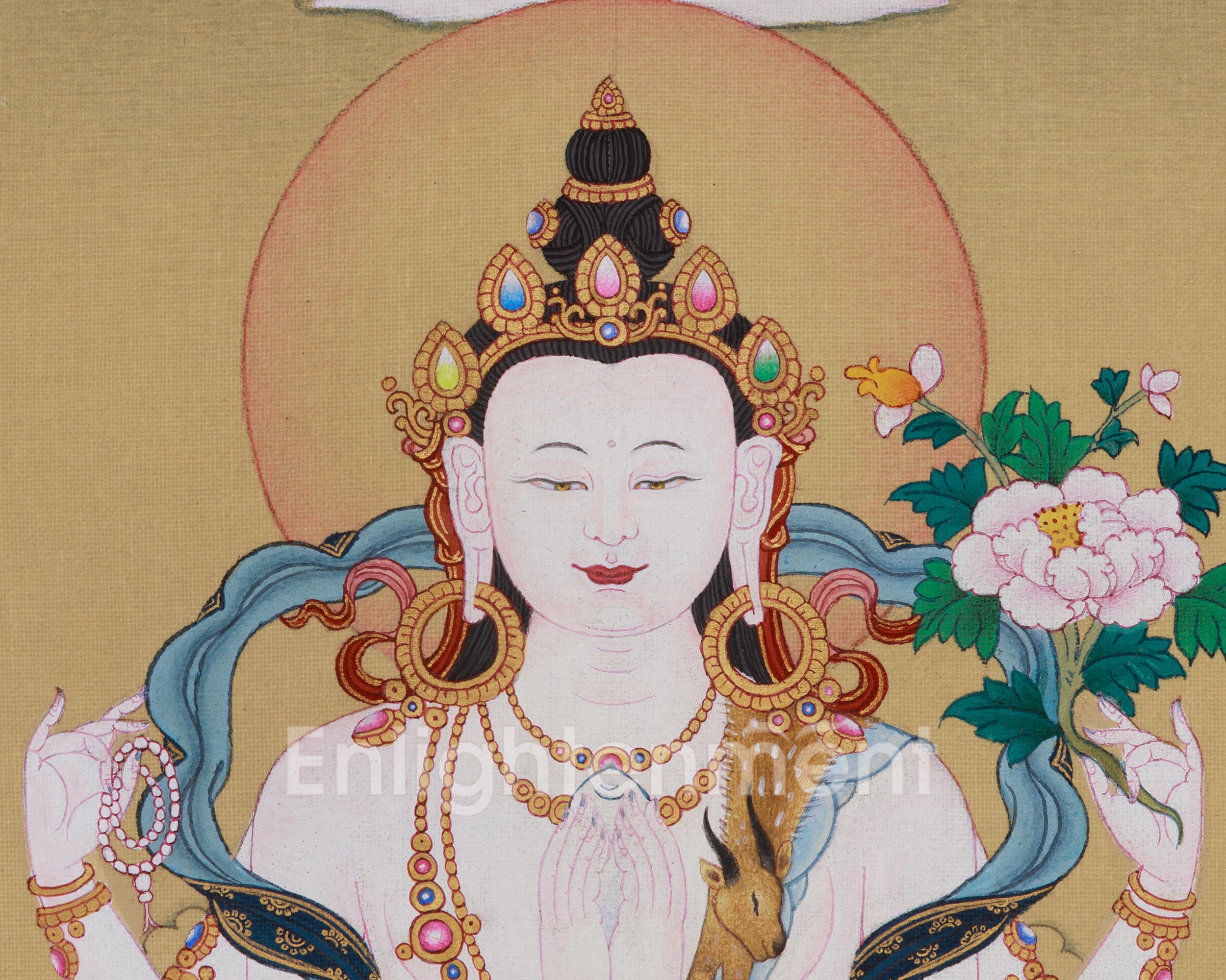Divine Chenrezig with Amitabha Buddha Thangka | Compassion Deity Art