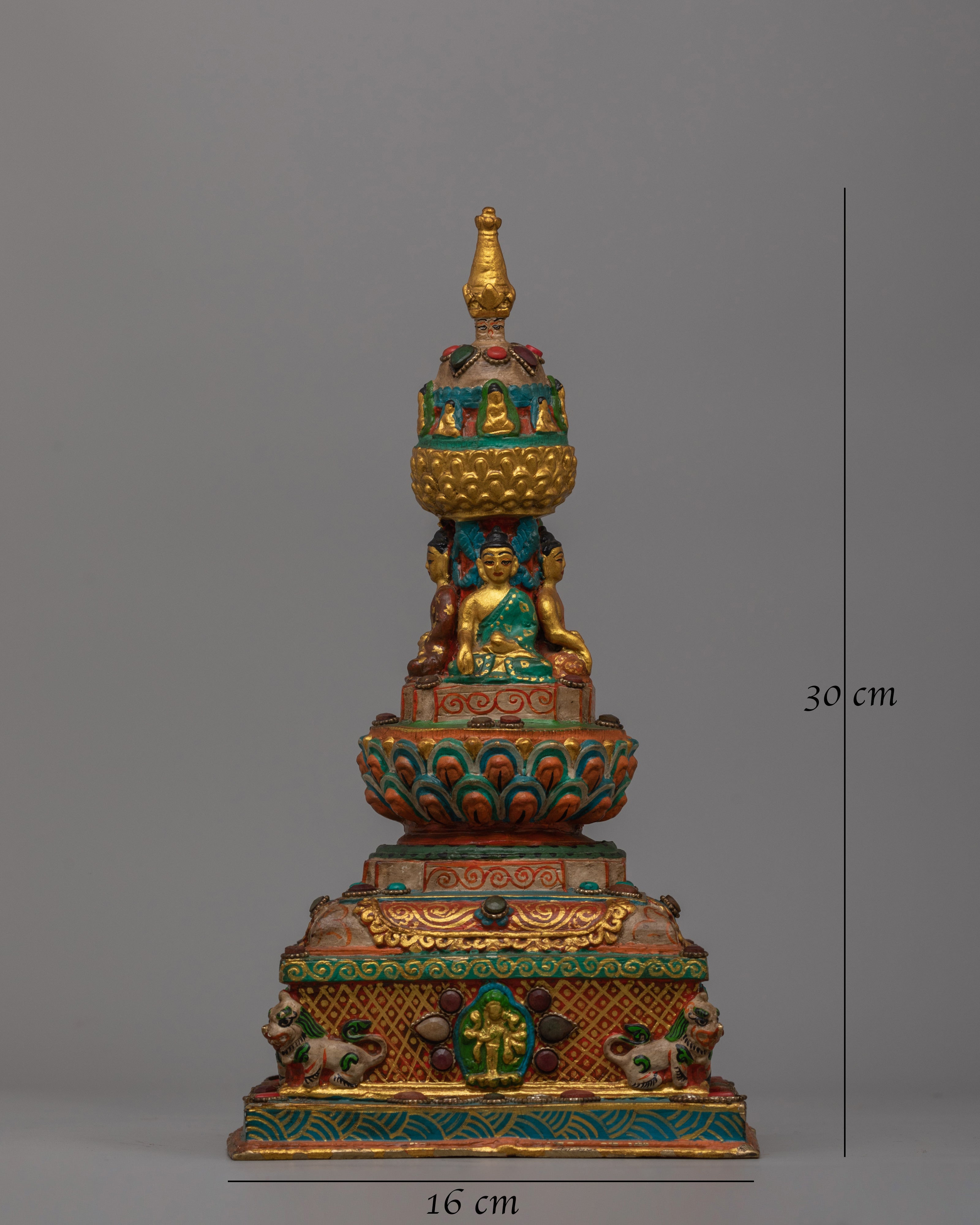 Handcrafted Buddha Carved Stupa | Tibetan Altar Art for Peace