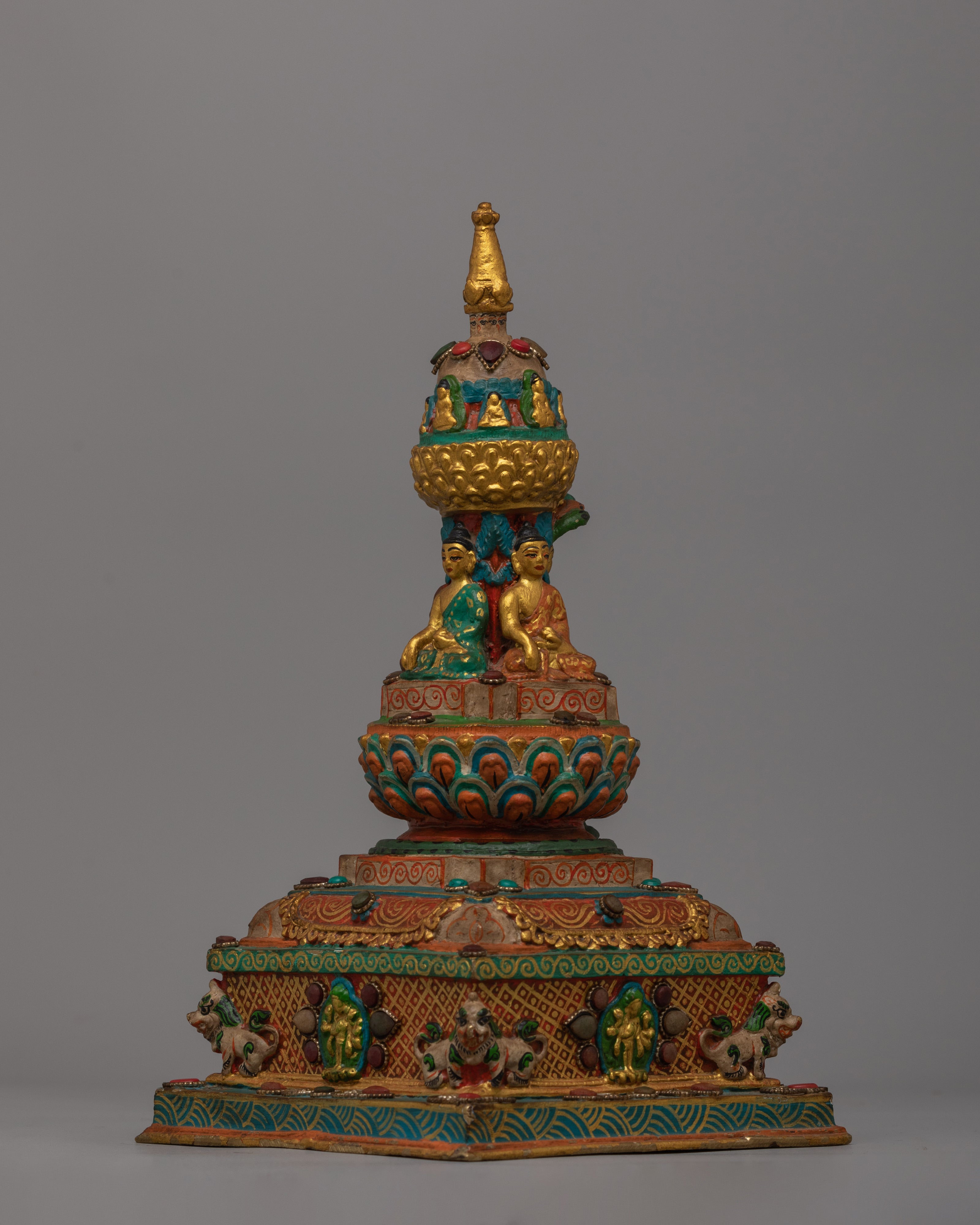 Handcrafted Buddha Carved Stupa | Tibetan Altar Art for Peace