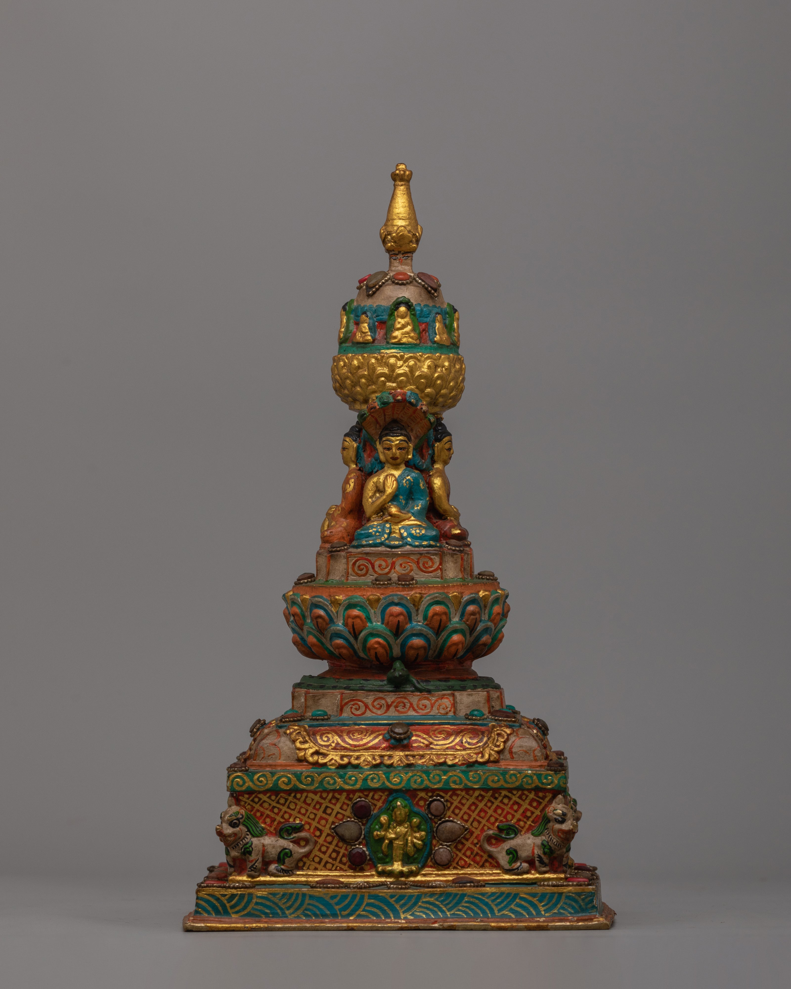 Handcrafted Buddha Carved Stupa | Tibetan Altar Art for Peace