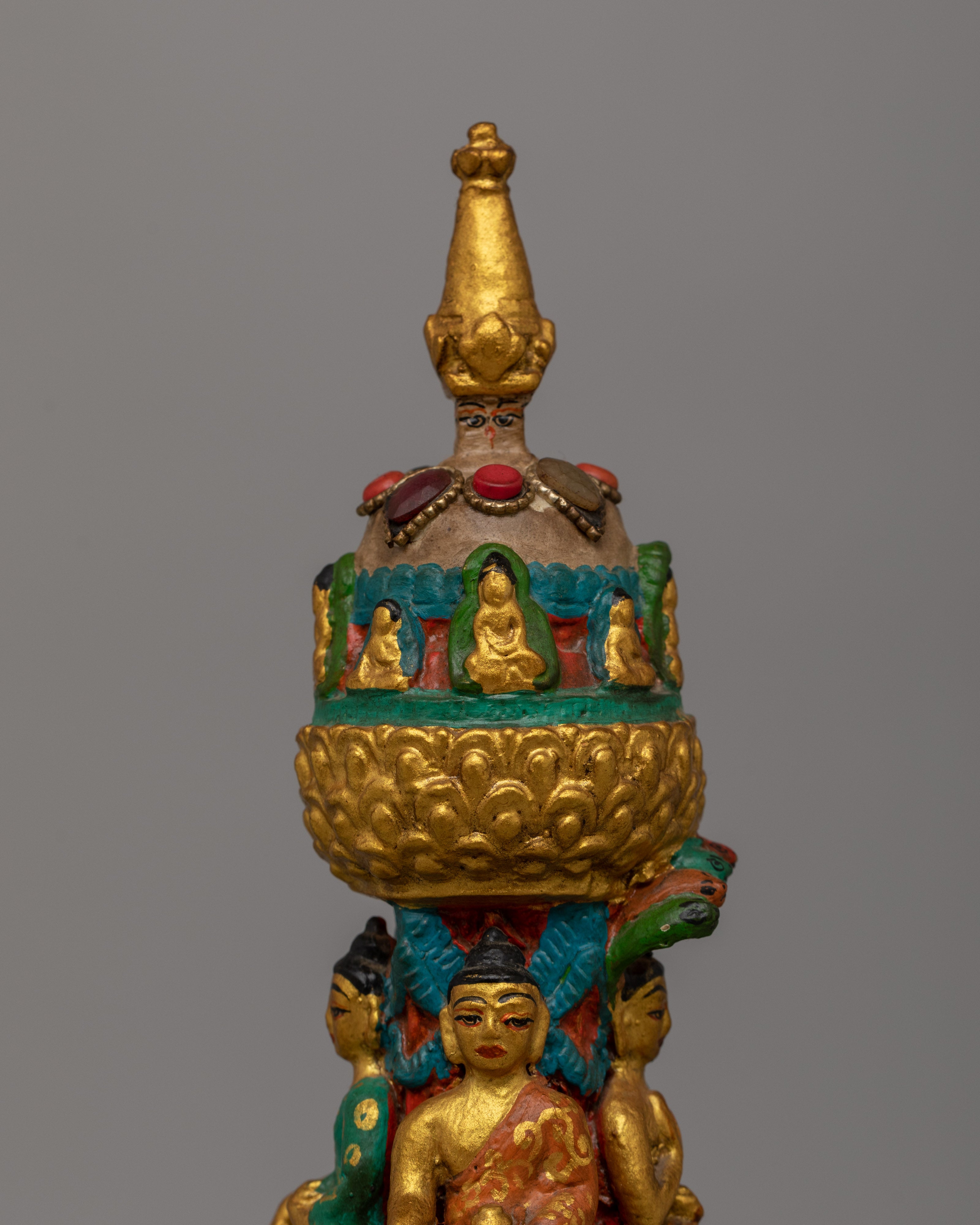 Handcrafted Buddha Carved Stupa | Tibetan Altar Art for Peace