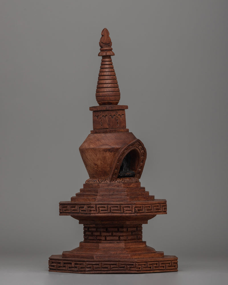 Wooden Stupa with Shakyamuni Buddha | Handcrafted Wooden Carved Artifact From Nepal | Spiritual Home Decor