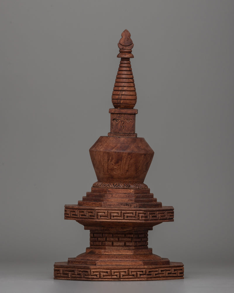 Wooden Stupa with Shakyamuni Buddha | Handcrafted Wooden Carved Artifact From Nepal | Spiritual Home Decor