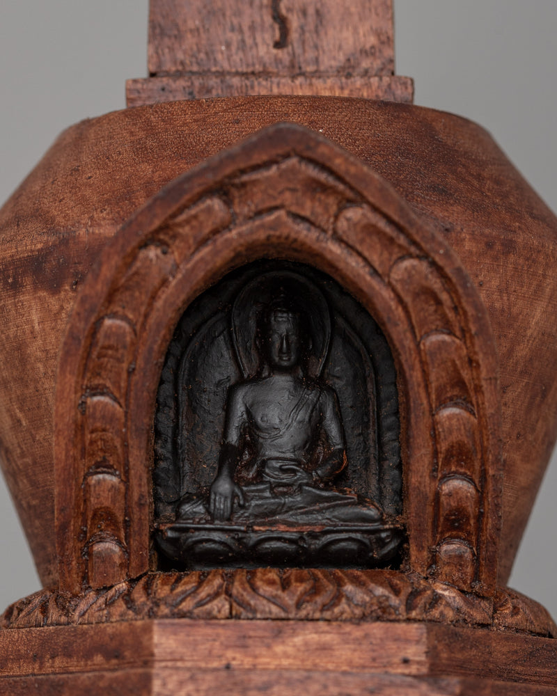 Wooden Stupa with Shakyamuni Buddha | Handcrafted Wooden Carved Artifact From Nepal | Spiritual Home Decor