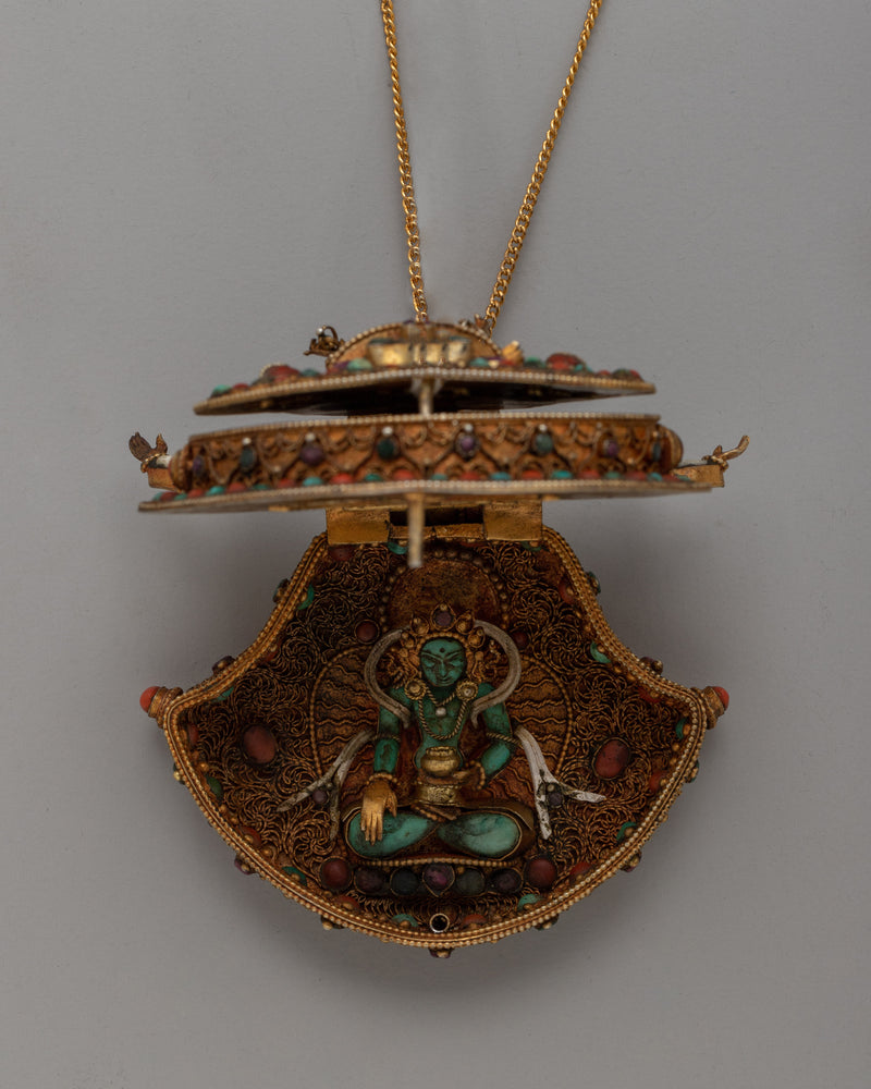 Gold Gilded Ghau Box Locket |  Tibetan Buddhist Amulet