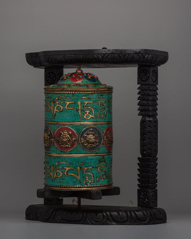 Sacred Wheel for Buddhist Practices | Handcrafted Tibetan Prayer Wheel with 8 Auspicious Symbols