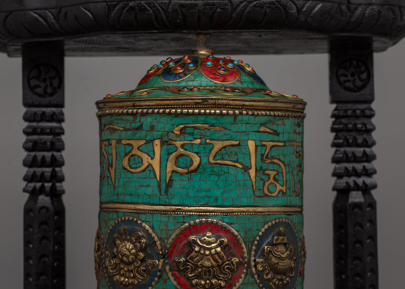 Sacred Wheel for Buddhist Practices | Handcrafted Tibetan Prayer Wheel with 8 Auspicious Symbols