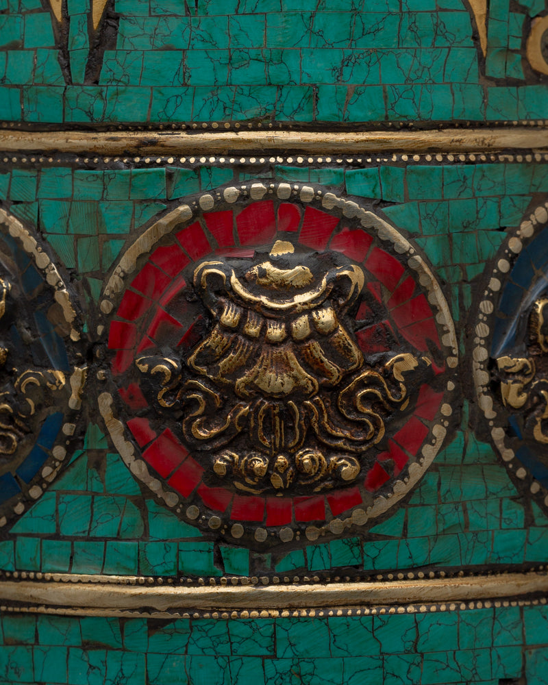 Sacred Wheel for Buddhist Practices | Handcrafted Tibetan Prayer Wheel with 8 Auspicious Symbols