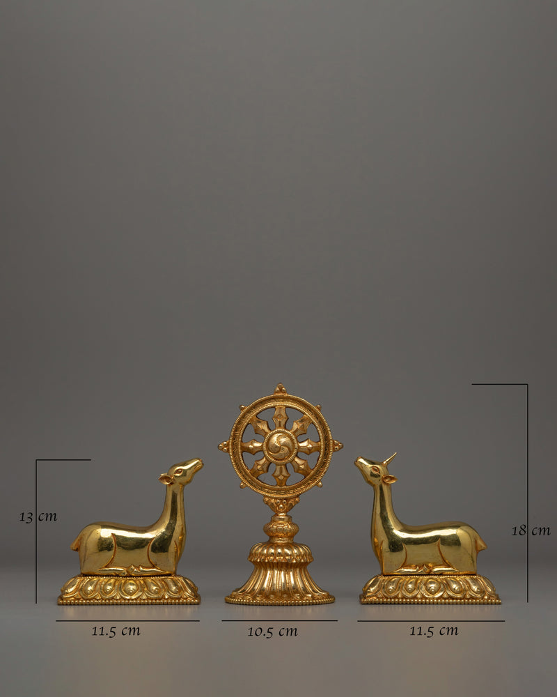 Gold-Plated Dharma Wheel with Deer Set | Spiritual Meditation Gift